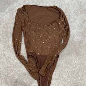 Brown Rhinestone Long Sleeve Bodysuit